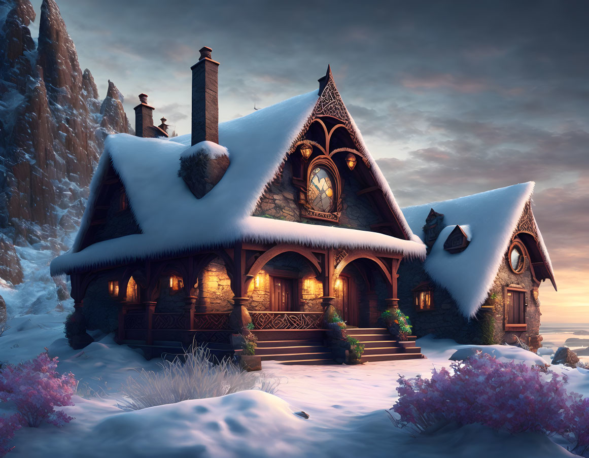 Snow-covered cottage at twilight with glowing windows and intricate woodwork amid frosty pink foliage