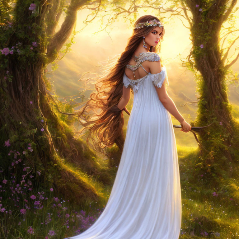 Fantasy artwork: Woman in white dress with wavy hair in sunlit forest.