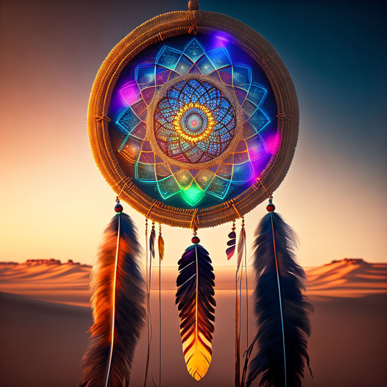 Colorful dreamcatcher with intricate patterns in desert sunset scene