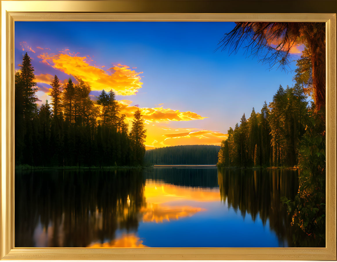 Tranquil Lake at Sunset with Silhouetted Pine Trees