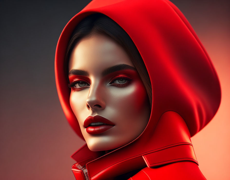 Portrait of Woman in Striking Red Makeup and Hooded Outfit on Warm Background