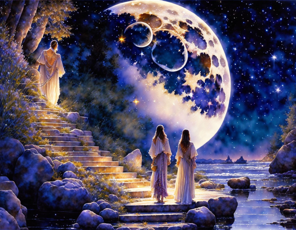 Fantasy night landscape with figures in robes, stairway, moon, and starry sky.