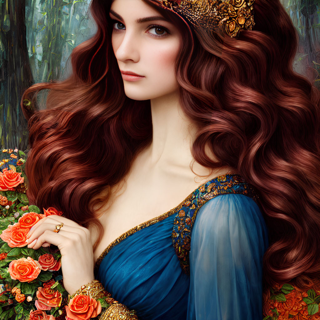 Portrait of woman with auburn hair, blue dress, golden accents, and orange roses.