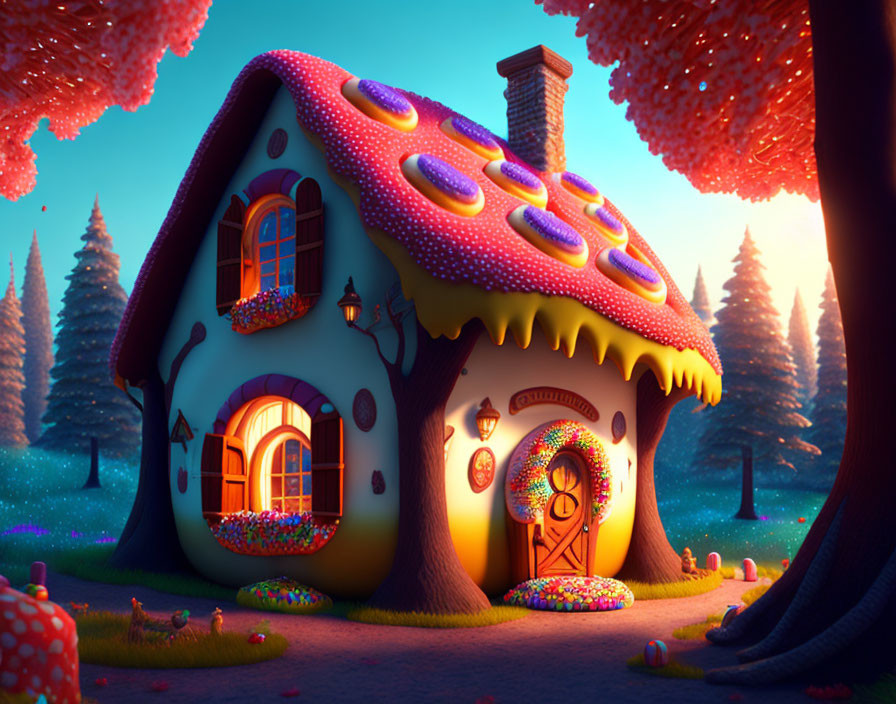 Fairytale Cottage with Mushroom Roof in Candy-like Flora