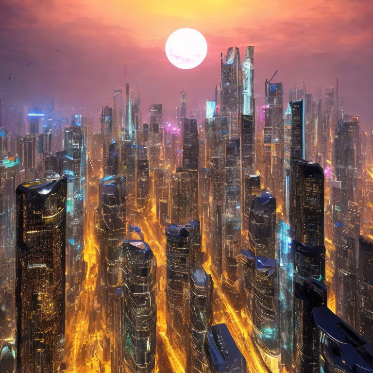 Futuristic cityscape with illuminated high-rise buildings at dusk