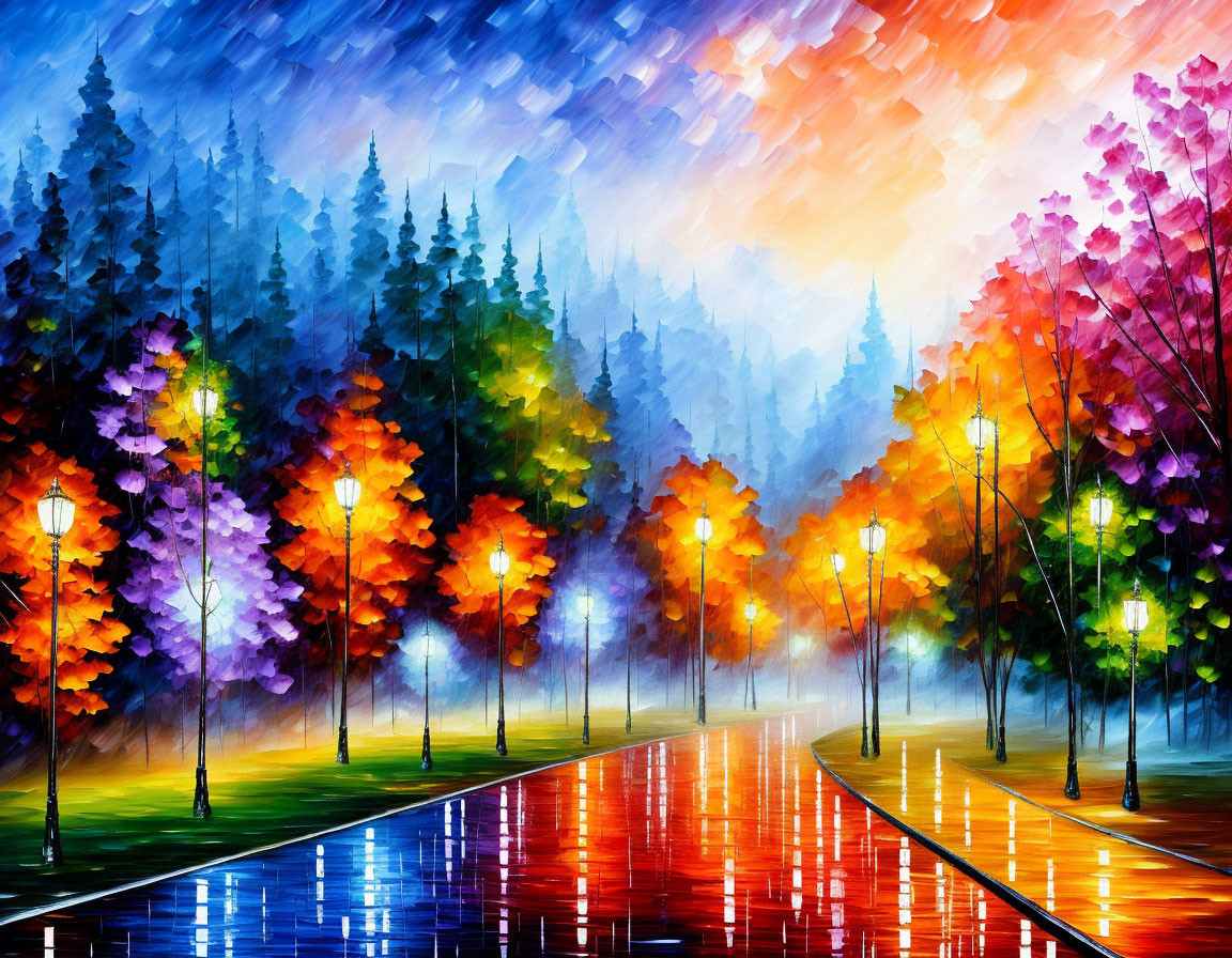 Colorful Rain-Soaked Park Painting with Illuminated Lamp Posts