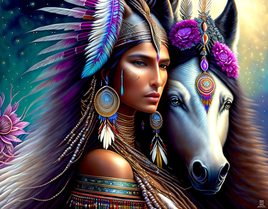 Native American-inspired headdress woman and horse with intricate beadwork