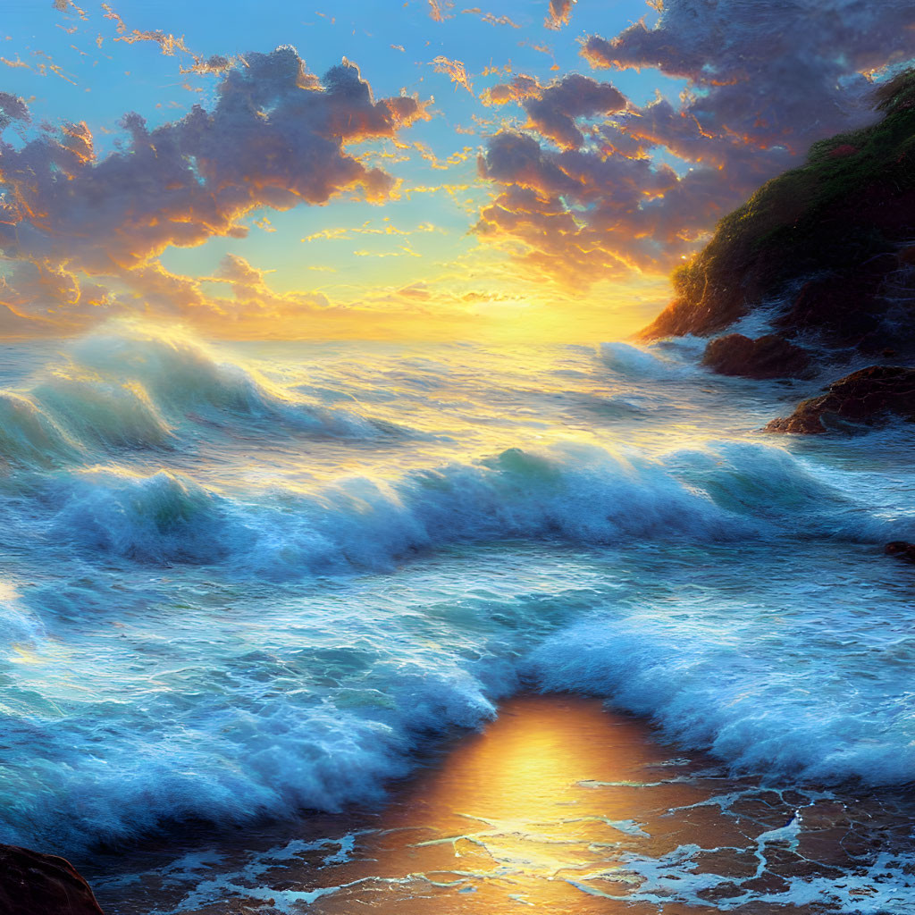 Vivid Ocean Sunset with Rays Piercing Clouds and Waves Crashing on Rocks