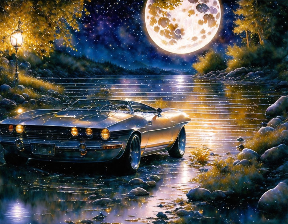 Classic Car Parked by Riverside Under Starry Night Sky with Full Moon