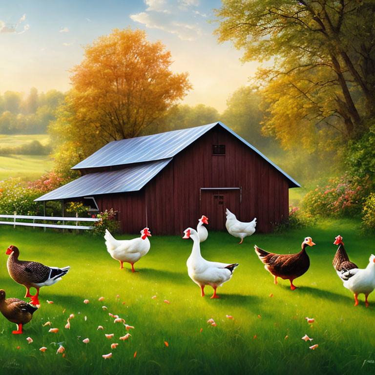 Scenic rural landscape with red barn, white fence, ducks, geese, and lush greenery