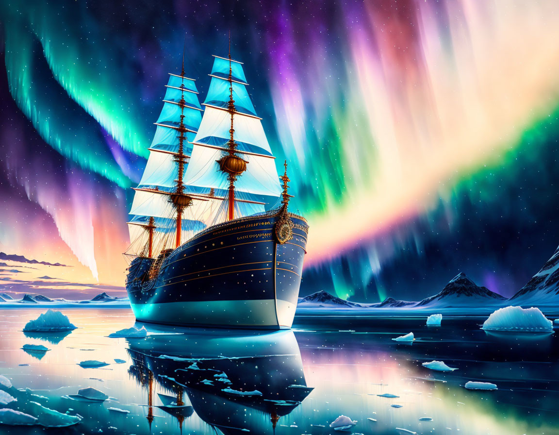 Tall ship sailing in icy waters under vibrant aurora borealis