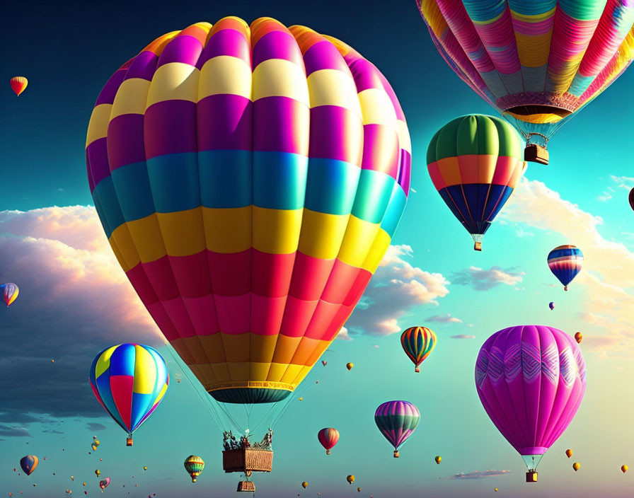 Vibrant hot air balloons in diverse designs against serene sky with clouds