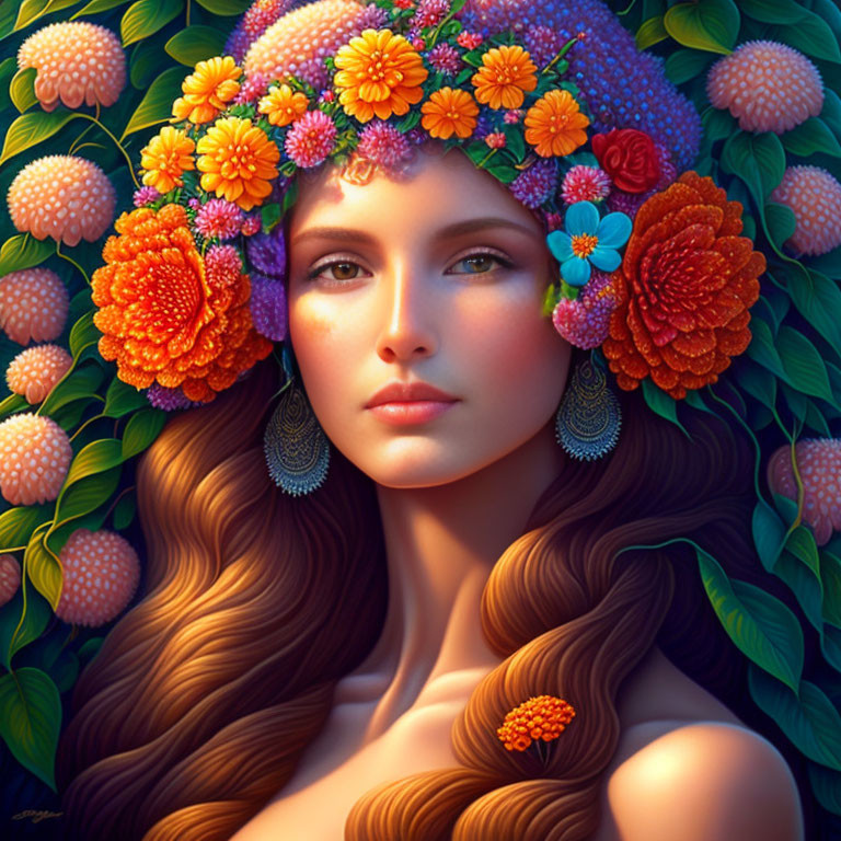 Woman with Floral Crown and Long Wavy Hair Exudes Serene Nature Beauty