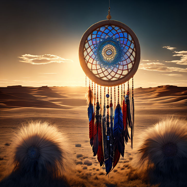 Dreamcatcher hanging against golden sand dunes under sunset sky