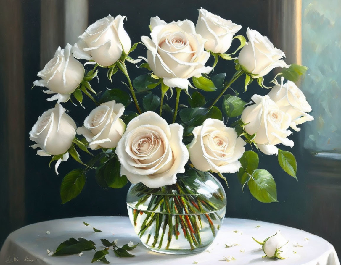 Realistic painting of white roses bouquet in glass vase on table