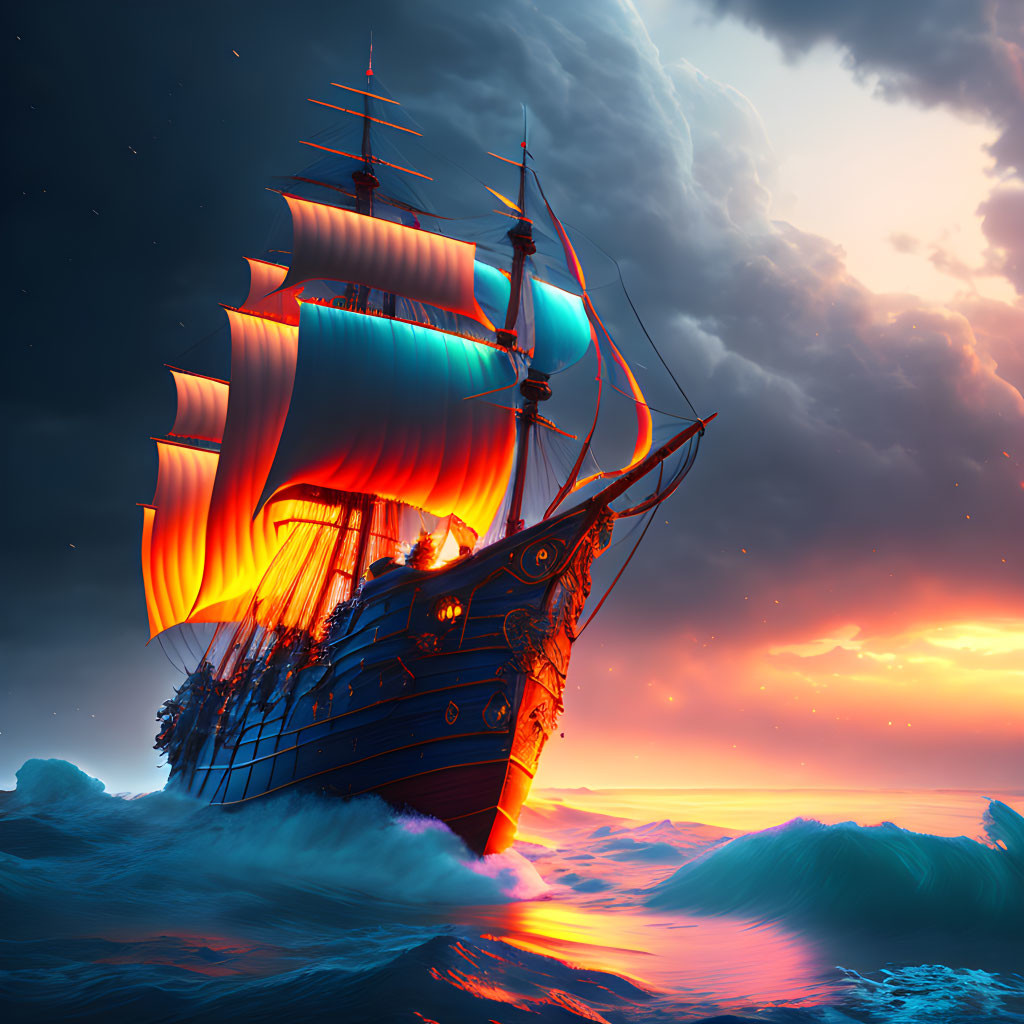 Majestic ship with red sails on high waves under dramatic sunset sky