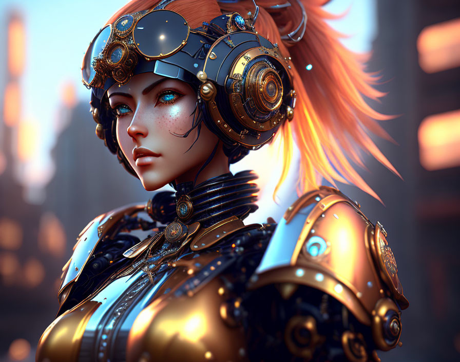 Futuristic female figure in ornate armor with mechanical headset