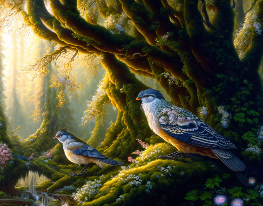 Detailed forest scene with fanciful birds on mossy branches and vibrant flora by serene stream