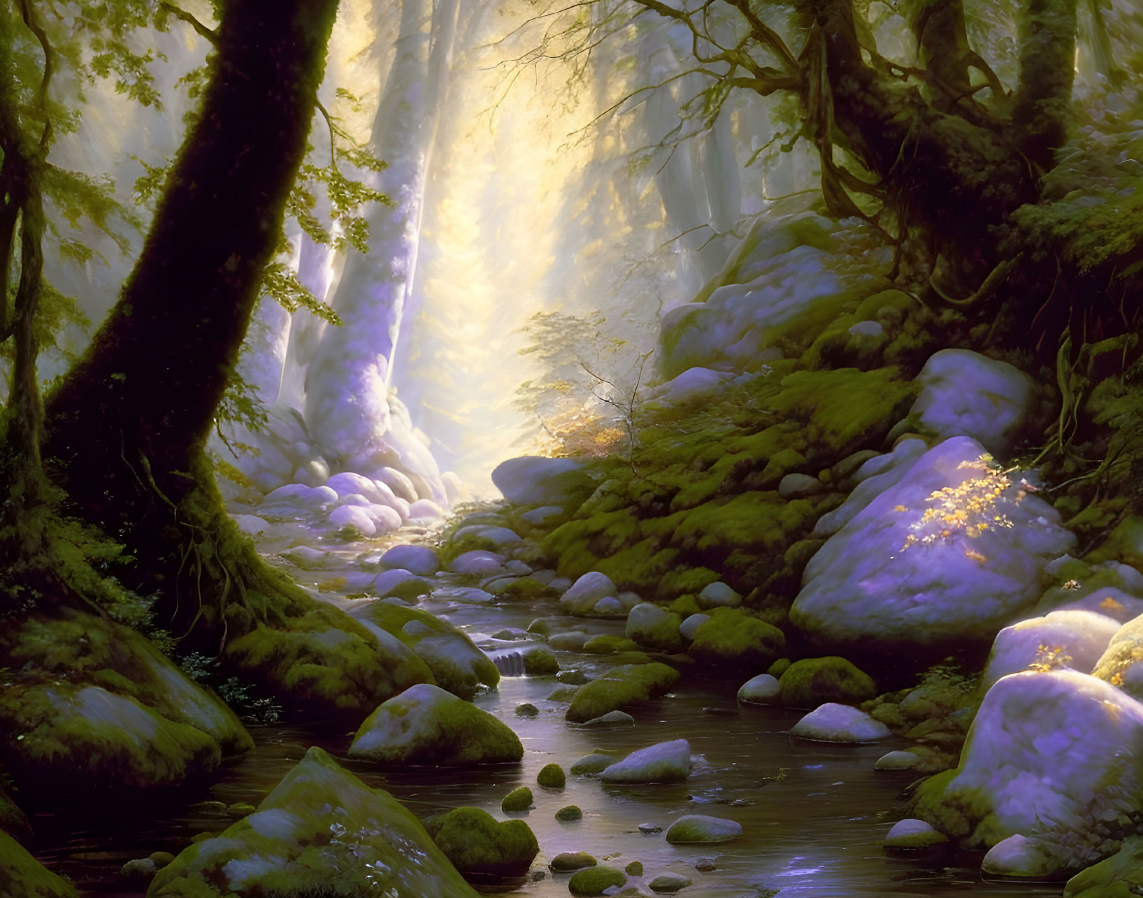 Tranquil forest creek with mist, moss-covered rocks, and sun rays