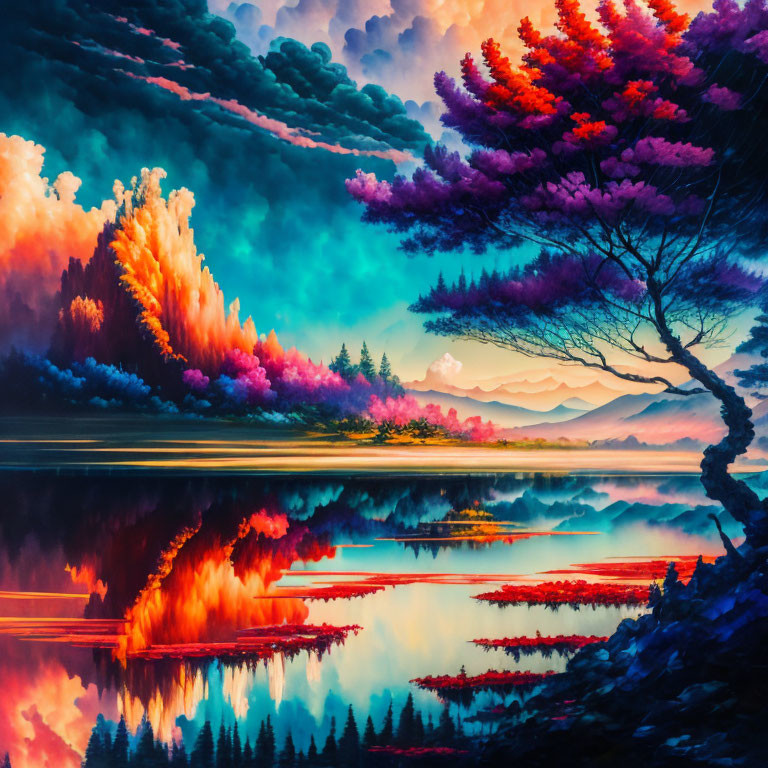 Colorful illuminated trees reflecting in serene lake at sunset or sunrise