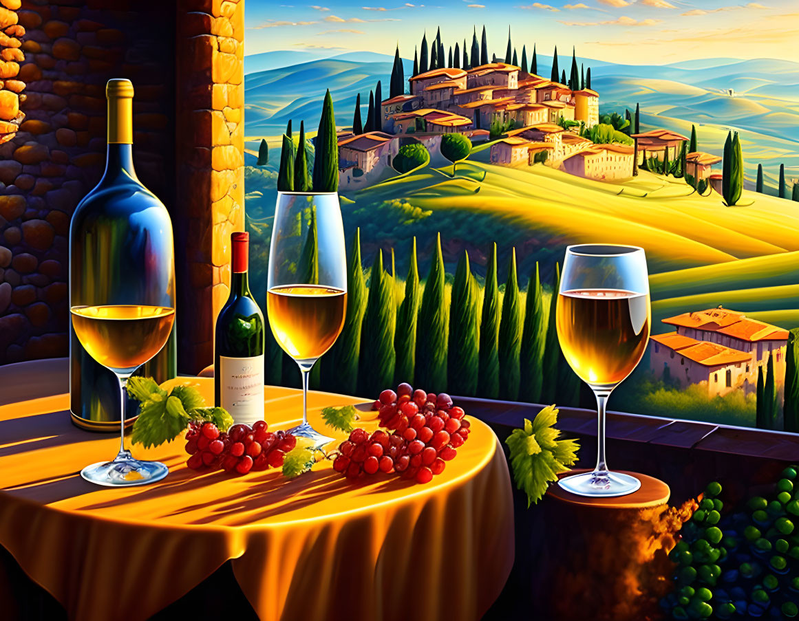 Vibrant painting of table with wine glasses, grapes, and bottle in Tuscan sunset landscape