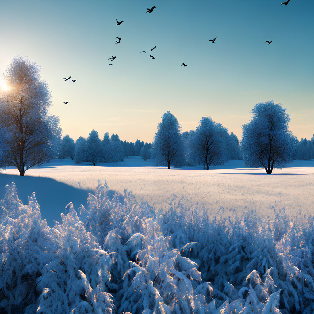 Snow-covered trees in serene winter landscape with golden sunrise and birds flying.