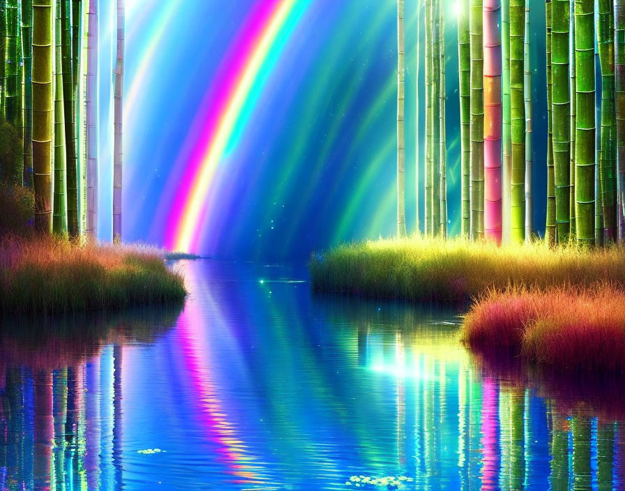 Colorful digital art: Bamboo forest, water stream, rainbow sky