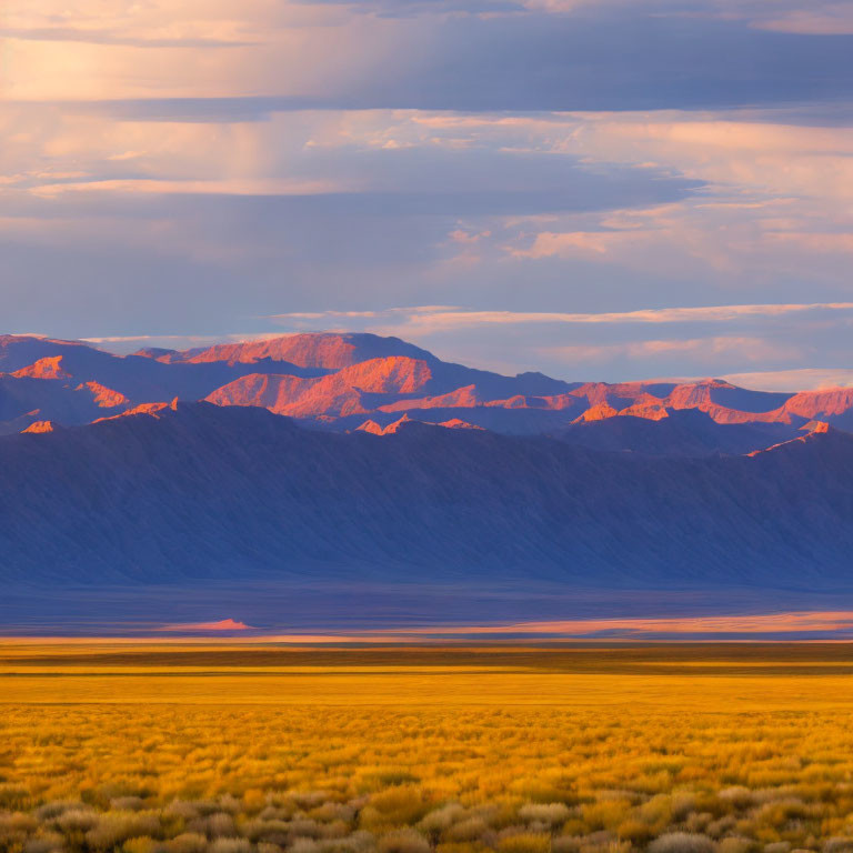 Tranquil sunset landscape: golden hills, rugged mountains, soft blue sky