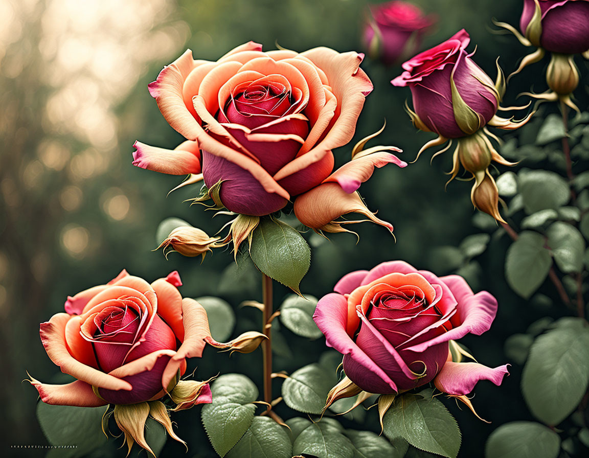 Vibrant pink and orange roses with buds and leaves on warm-toned backdrop