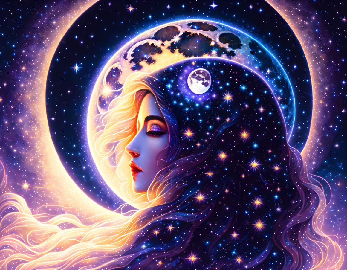 Illustration of woman's profile merging with starry night sky and crescent moon