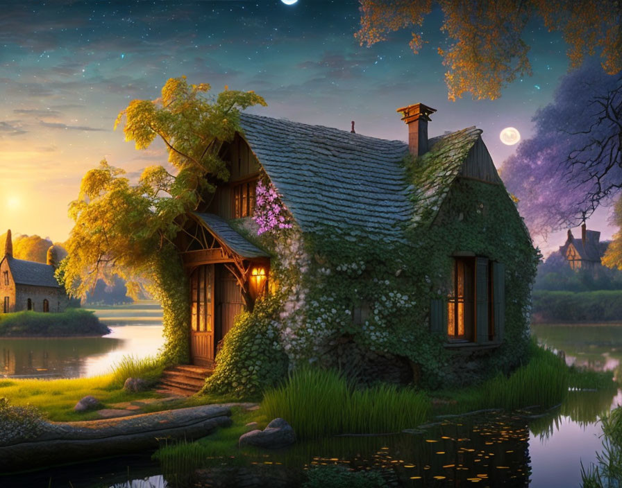 Tranquil lake twilight scene with cozy ivy-covered cottage