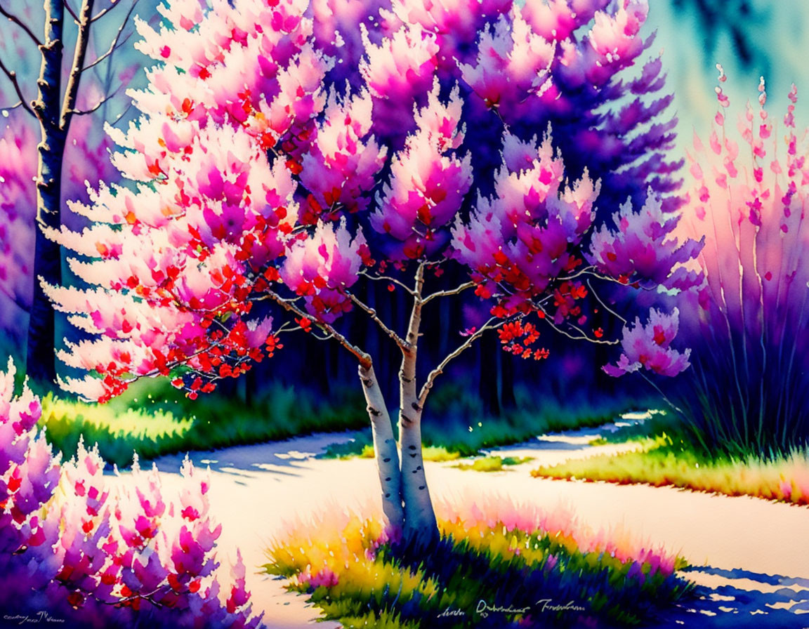 Colorful Tree Illustration with Pink and Purple Leaves on Bright Background