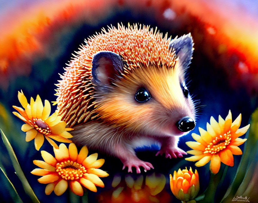 Colorful hedgehog illustration with orange flower spines on vibrant backdrop