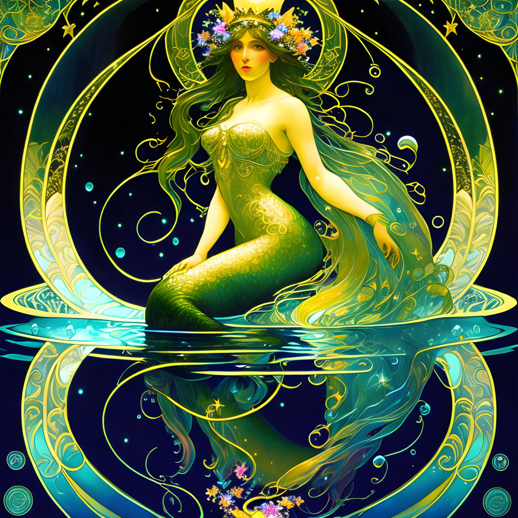 Colorful Mermaid Illustration with Floral Crown and Golden Details