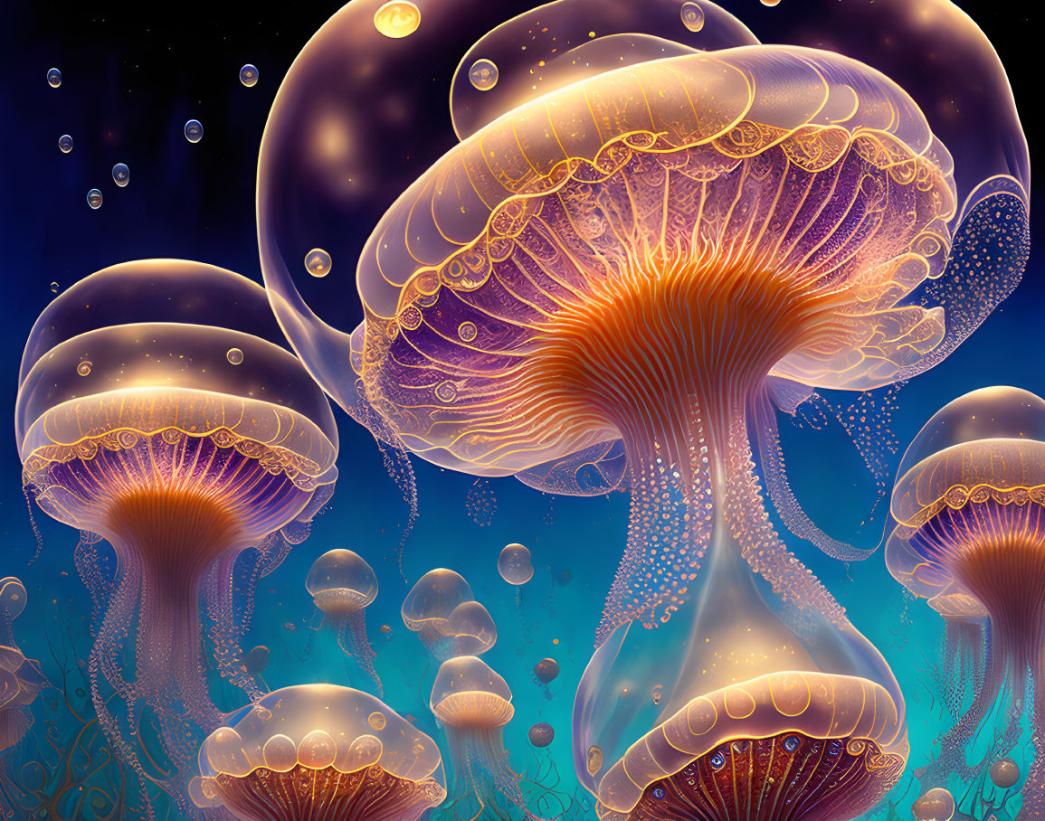 Glowing jellyfish digital art with celestial spheres and bubbles