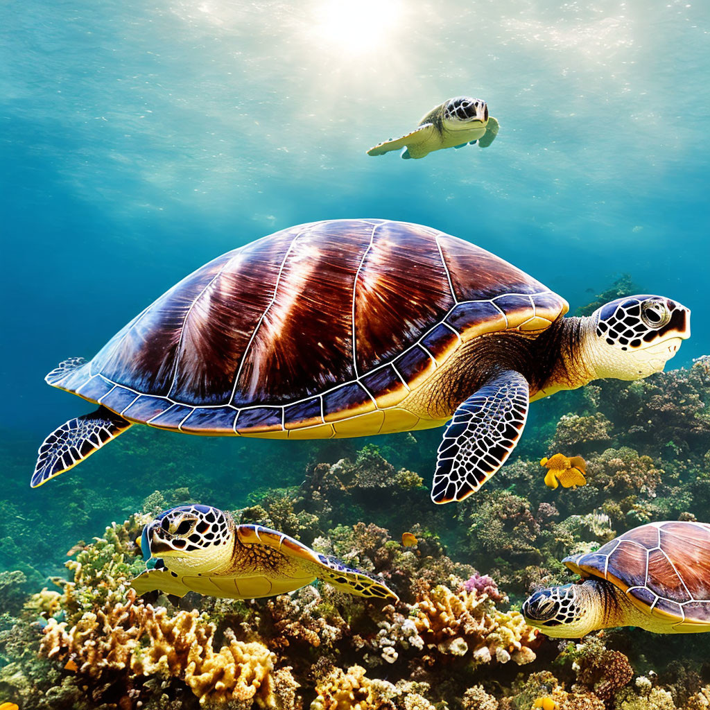 Underwater Scene: Three Sea Turtles by Coral Reef