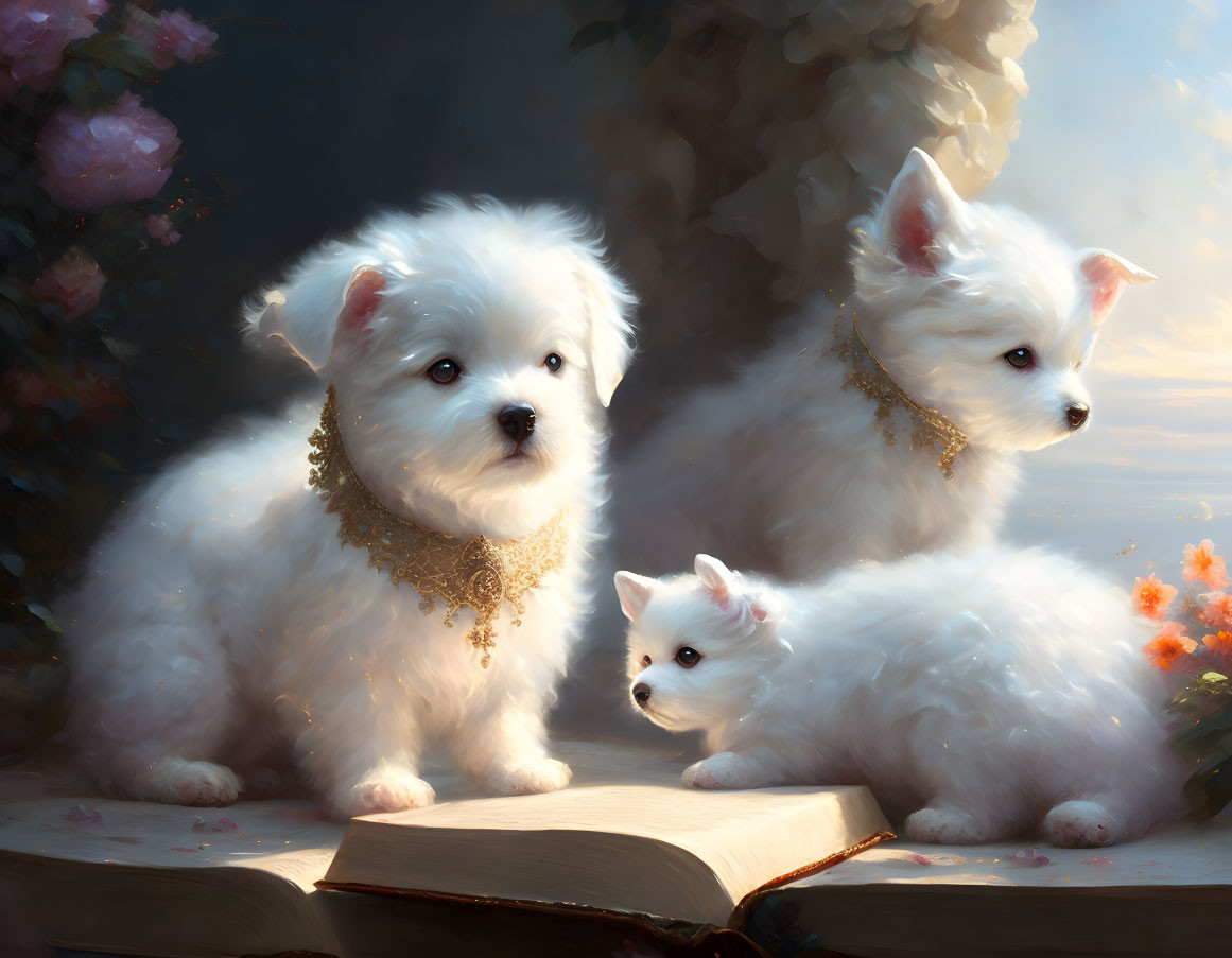 Three White Puppies with Golden Collars Around Open Book and Flowers