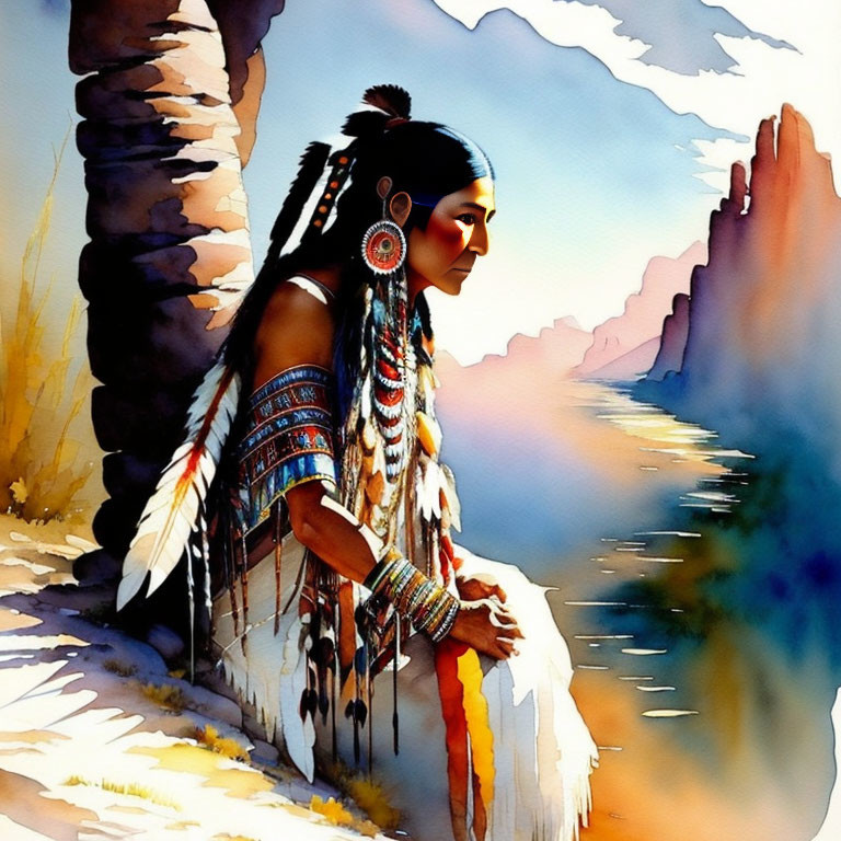 Traditional Native American man illustration by river with rock formations