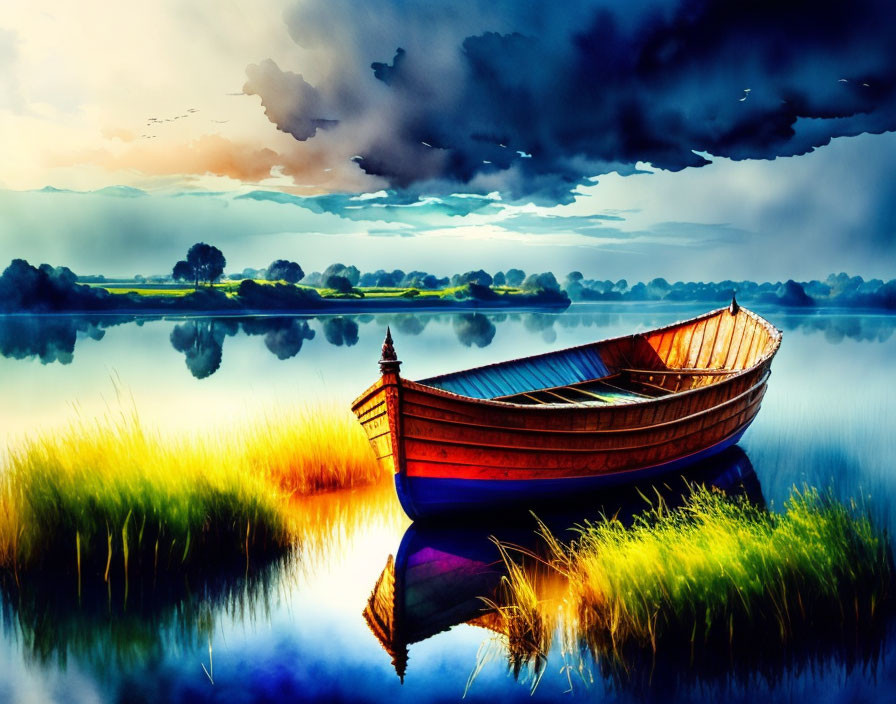 Tranquil Landscape: Wooden Boat on Calm Water, Lush Greenery, Vivid Sky