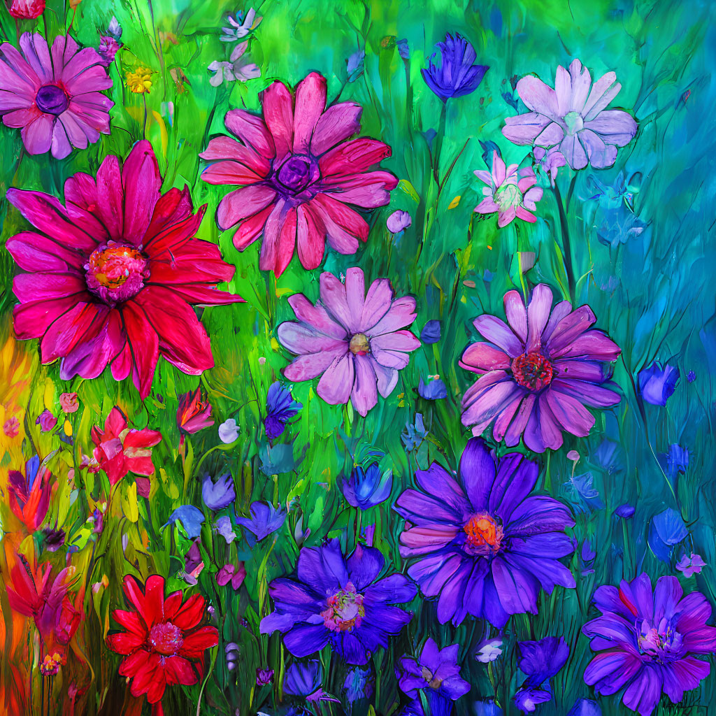 Colorful Flower Field Painting with Red, Pink, Purple, and Blue Flowers