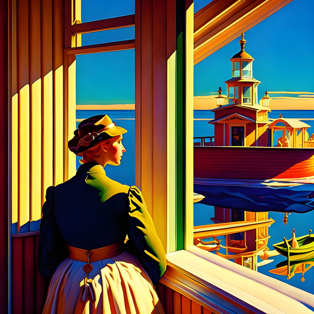 Illustration of woman at window overlooking coastal scene