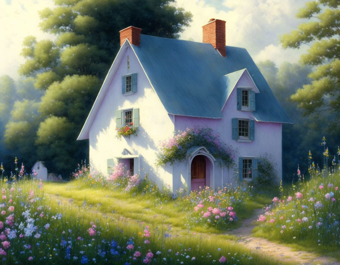 Pink cottage with two chimneys in lush garden under soft sunlight