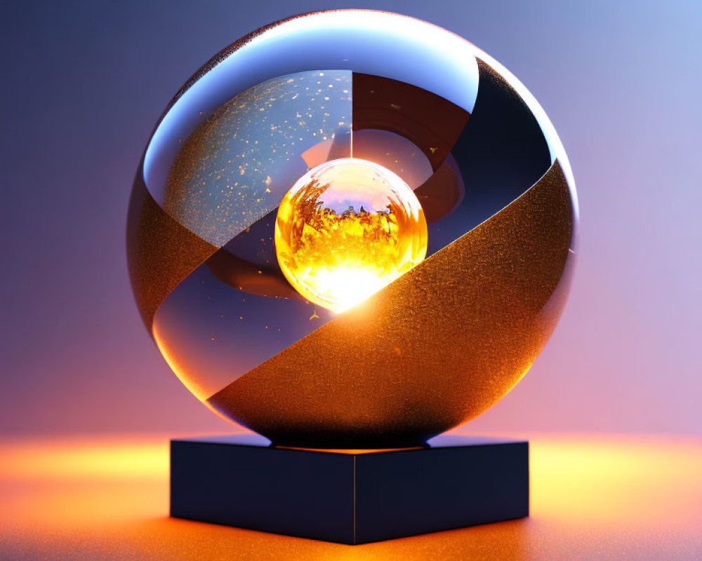 Shiny Spherical Sculpture with Cutaway Design and Inner Orange Orb