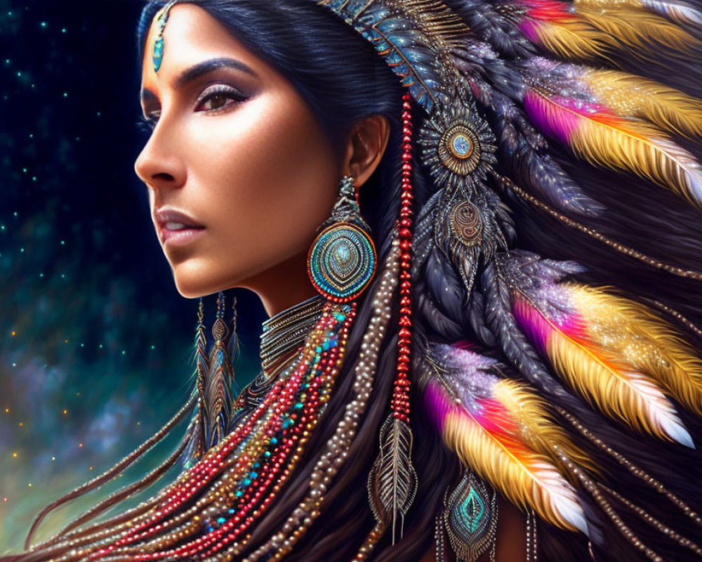 Woman Portrait with Vibrant Headdress and Beaded Jewelry on Starry Night Sky