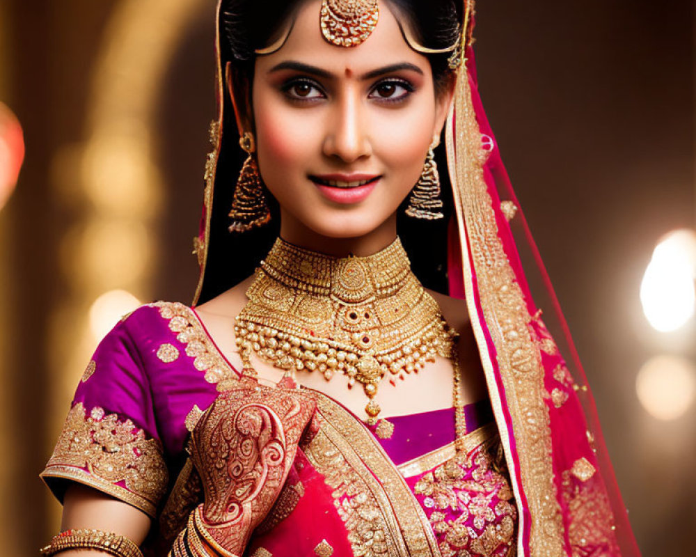 Traditional Indian Bridal Attire with Red Saree and Gold Jewelry