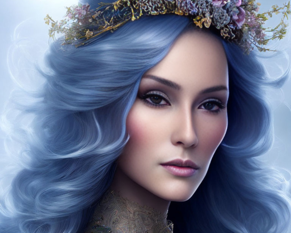 Portrait of woman with long blue hair and floral crown in elegant attire