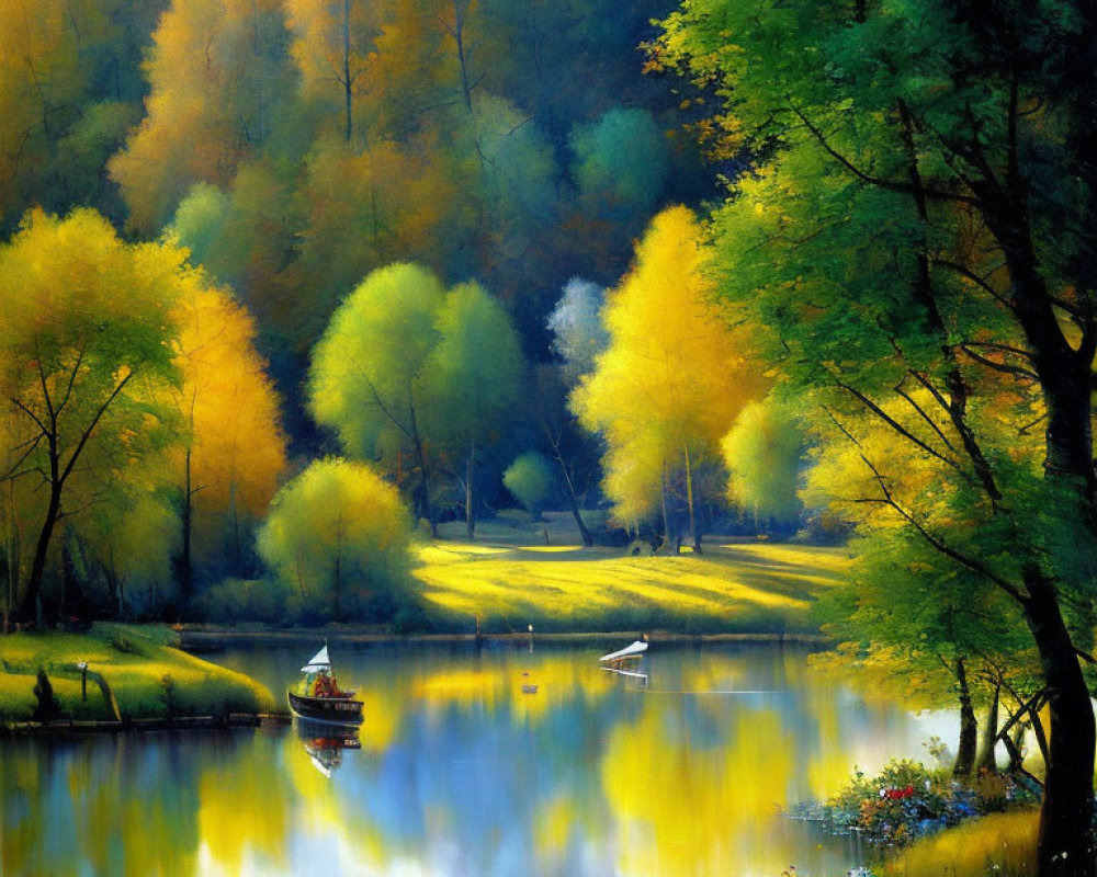 Tranquil autumn scene: vibrant trees, calm lake, boats, flowers