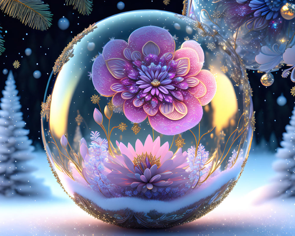 Winter-themed transparent orb with purple flower and frosty foliage on starry night backdrop