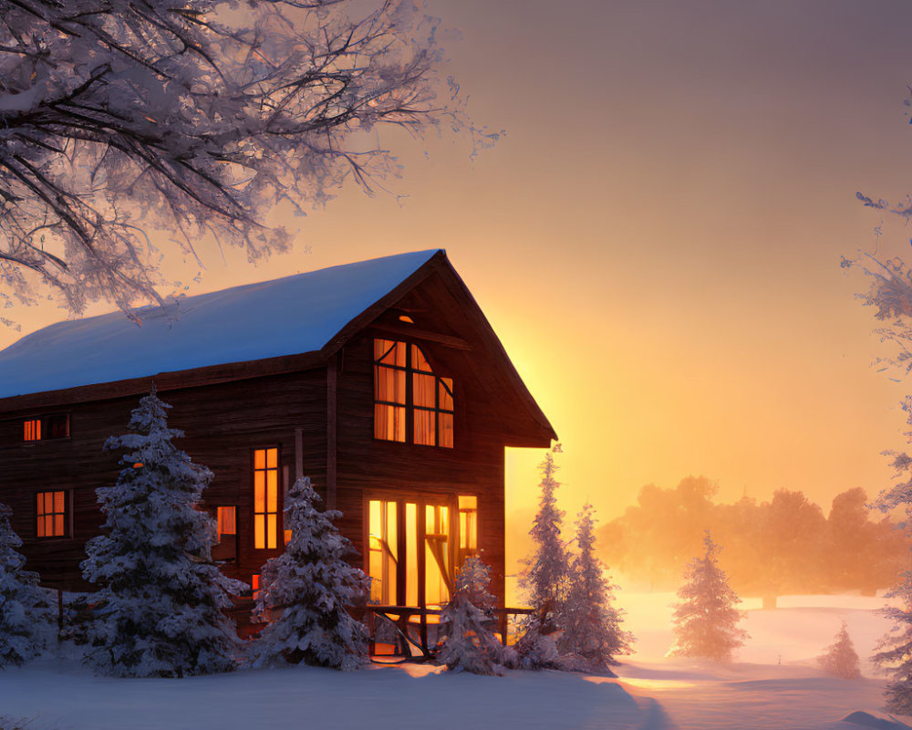 Snow-covered trees and cozy wooden cabin in sunset glow