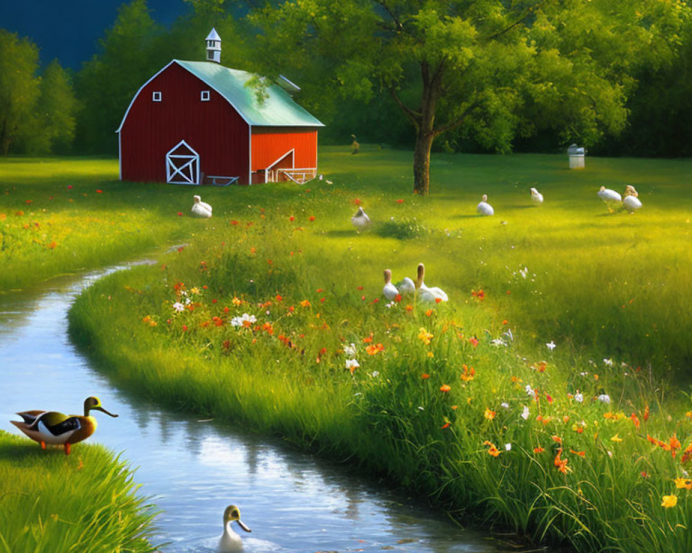 Red Barn, Ducks, Geese, and Wildflowers in Rural Landscape